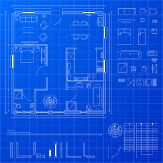 详细的插图蓝图平面布置图与各种各样的设计元素