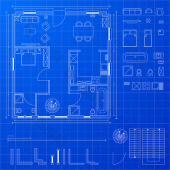 详细的插图蓝图平面布置图与各种各样的设计元素