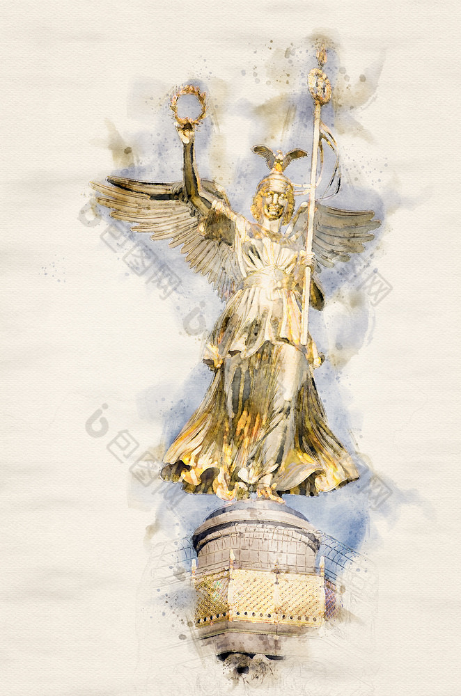 水彩插图的金天使雕像的女神维多利亚前的胜利列siegessaeule柏林德国