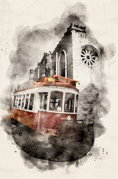 水彩插图历史红色的有轨电车里斯本葡萄牙