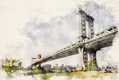 水彩插图曼哈顿桥之间的曼哈顿和布鲁克林在东河新纽约城市