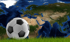 足球球与绿色草坪上和世界地图集中卡塔尔d-illustration元素这图像有家具的已开启