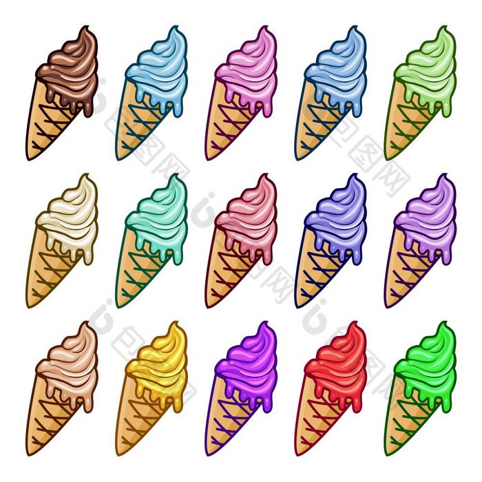 向量冰奶油视锥细胞孤立的白色背景各种色彩斑斓的冰淇淋视锥细胞画与香草水果和巧克力冰淇淋