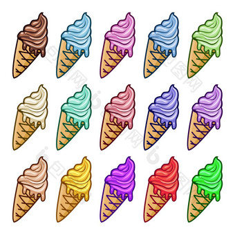 向量冰奶油视锥<strong>细胞</strong>孤立的白色背景各种色彩斑斓的冰淇淋视锥<strong>细胞</strong>画与香草<strong>水</strong>果和巧克力冰淇淋