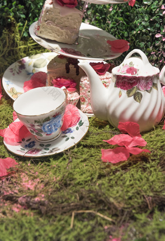 豪华的奶油茶野餐聚会，派对场景与花花瓣和老成形<strong>瓷质</strong>茶集