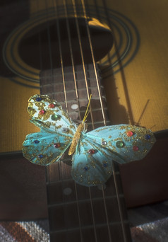 绿松石蝴蝶字符串声吉他概念为诗歌乐感歌手作曲家创造力绿松石蝴蝶字符串声吉他