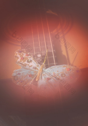 绿松石蝴蝶字符串声吉他概念为诗歌乐感歌手作曲家创造力健美的生活珊瑚温暖的红色的阴影绿松石蝴蝶字符串声吉他生活珊瑚阴影