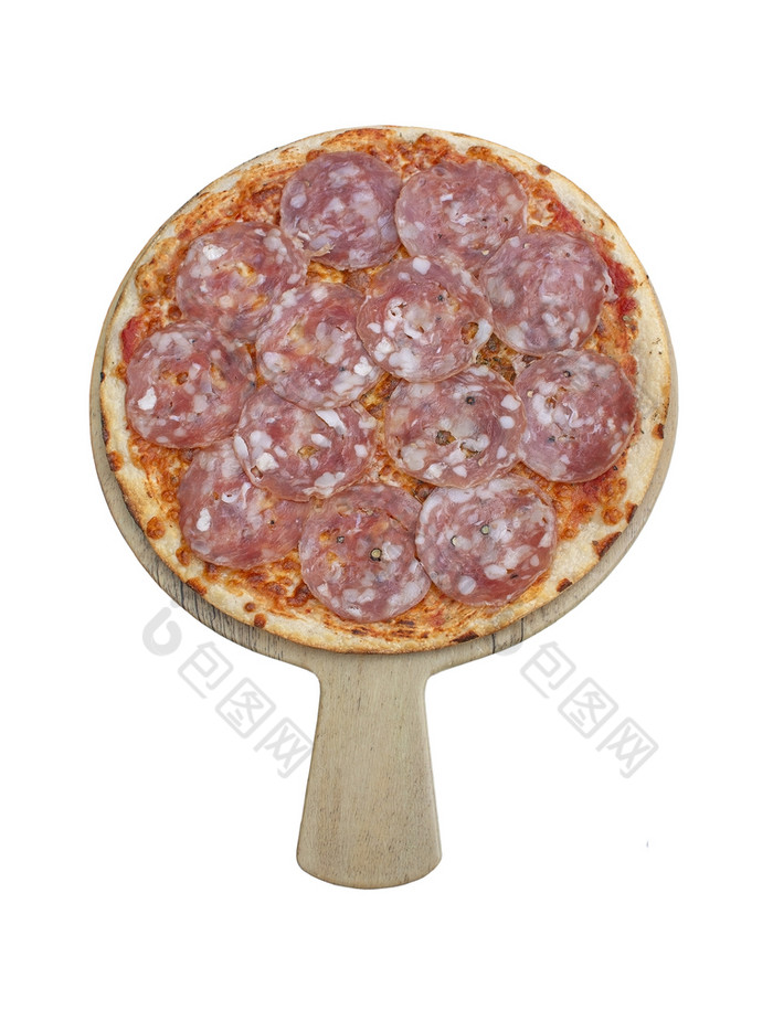披萨与意大利蒜味腊肠木板平躺从以上乡村风格披萨与意大利蒜味腊肠木板