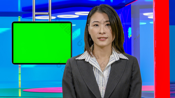 女亚洲美国新闻女主播虚拟工作室与绿色屏幕暂停显示原始设计元素