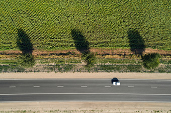 空中无人机视图高速公路通过通过绿色字段