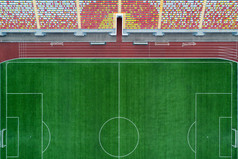前空中视图打开体育场裁剪足球场红色的跟踪和马特里展览厅