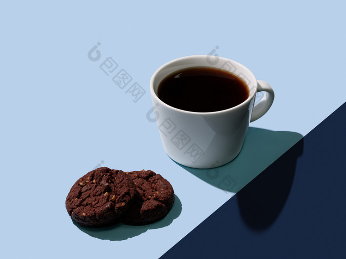 杯热黑色的咖啡和新鲜的巧克力饼干颜色块蓝色的背景