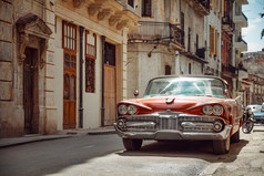 闪亮的复古的车停的街哈瓦那古巴