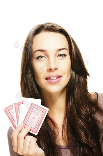美丽的女人玩扑克美丽的女人玩扑克白色背景