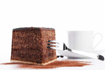 巧克力蛋糕与叉而且杯咖啡背景巧克力蛋糕与叉而且杯咖啡背景白色背景