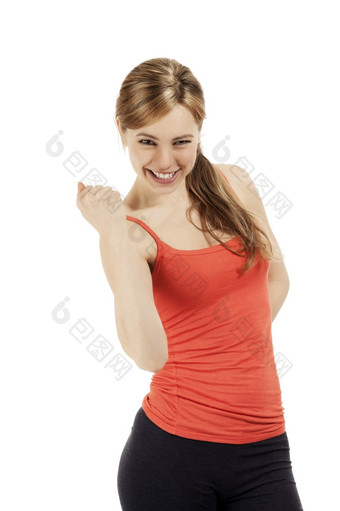 成功的健身女人显示她的拳头成功的金发女郎快乐健身女人显示她的拳头白色背景