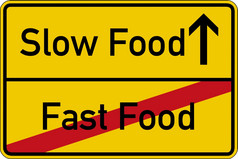 的单词慢食物而且快食物路标志