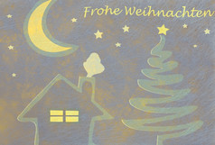摘要圣诞节树房子和月亮和的德国单词为快乐圣诞节圣诞节卡