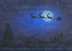 灰色纤维织物和蓝色的闪闪发光的电影和驯鹿和雪橇和的德国单词为快乐圣诞节和快乐新一年圣诞节卡