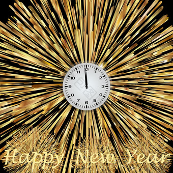 时钟和烟花和文本快乐新一年黑色的背景
