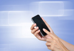 手触摸屏幕聪明的电话与蓝紫色相比图标背景