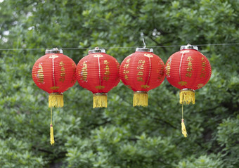 红色的灯笼中国人节日对的背景绿色树和天空红色的灯笼中国人节日对的背景绿色树和天空