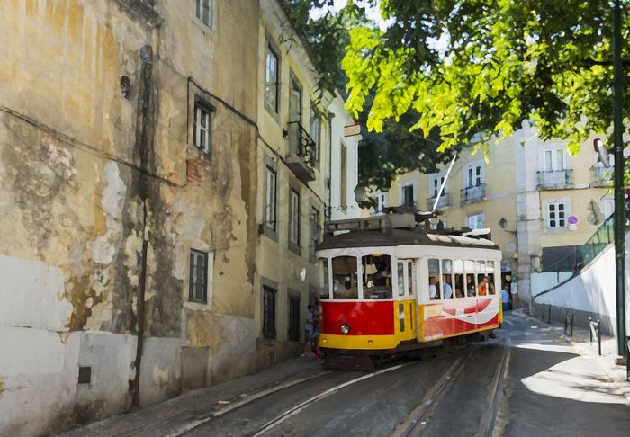 艺术印象人得到的黄色的有轨电车去的街里斯本城市中心9月里斯本资本和必须著名的城市葡萄牙艺术印象著名的有轨电车lissabon