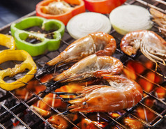 shripm虾烤烧烤提示炉子火与寒冷的和洋葱