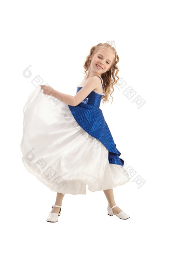 美丽的笑小女孩与长金发女郎头发的<strong>公主</strong>服装<strong>跳舞</strong>不错的蓝色的而且白色帝国衣服