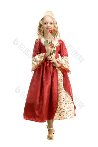 美丽的小女孩与长金发女郎头发的公主服装持有红色的玫瑰的白色背景红色的而且黄金帝国衣服