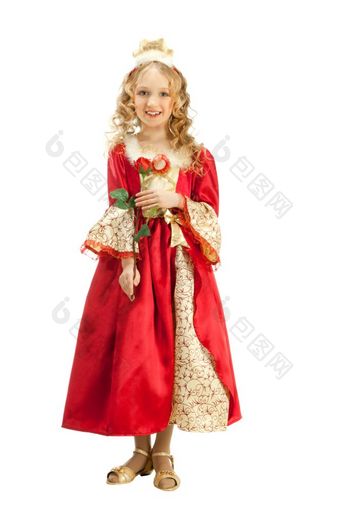 美丽的小女孩服装公主持有红色的玫瑰她准备好了万圣节假期