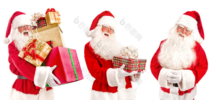 拼贴画但圣诞老人老人服装与豪华的白色胡子圣诞老人rsquo他和红色的服装与很多圣诞节礼物白色背景