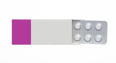 Grey-pink盒子与白色药片泡包孤立的背景Grey-pink盒子与白色药片泡包