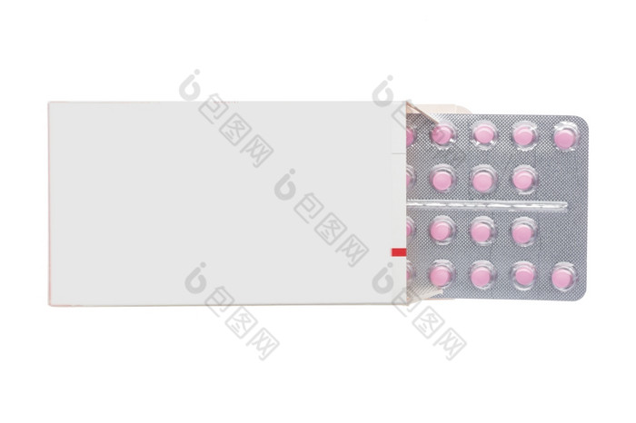 灰色盒子与粉红色的药片泡包孤立的背景灰色盒子与粉红色的药片泡包