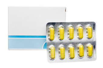 药丸盒子和药丸泡包黄色的胶囊药丸盒子和药丸泡包黄色的胶囊白色背景