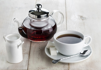 玻璃茶壶杯子热黑色的茶和牛奶壶木表格玻璃水壶茶杯热黑色的茶和牛奶壶木表格