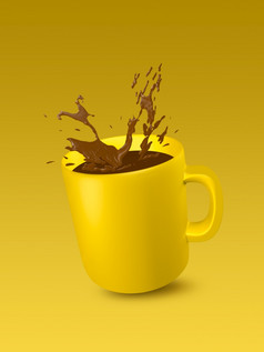黄色的陶瓷杯与溅咖啡黄色的背景为文本