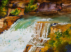 原始水彩绘画瀑布景观附近马卡姆安大略加拿大