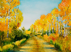 原始水彩绘画启发美丽的秋天彩色的回来路北部萨斯喀彻温省