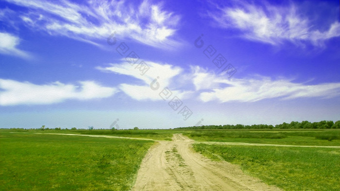 农村桑迪路在草原草原美丽的Cloudscape以上草地艺术结构化模式