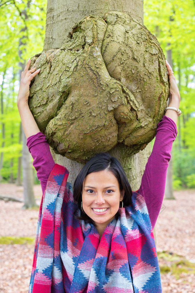 年轻的哥伦比亚女人拥抱树癌症山毛榉树