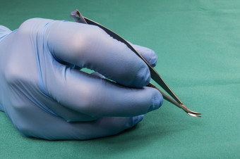 外科医生持有微外科手术toolSurgeon手蓝色的gloveSurgeon持有显微针持有人弯曲的短模型背景蓝色的桌布操作