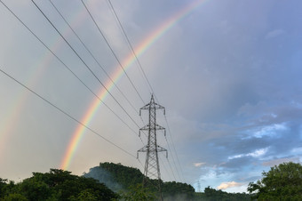 雨后雨的天空在高压权力波兰人农村区域彩虹后雨