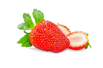 红色的<strong>草莓</strong>水果与绿色<strong>叶子</strong>孤立的白色背景红色的<strong>草莓</strong>