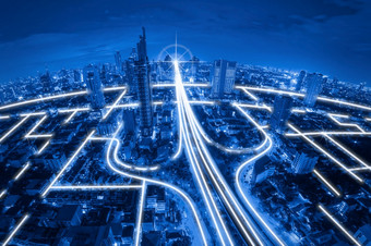 城市逃和网络连接概念蓝色的语气网络连接