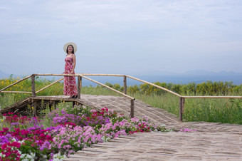 美丽的女人自然花她的穿白色礼服和红色的他东没听见舌墨西哥向日葵场美卫生部煤炭我的lampang省泰国美丽的女人自然花