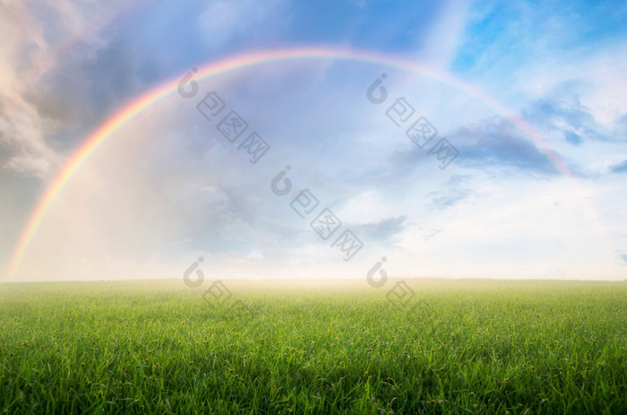 彩虹后的雨的天空在的美丽的绿色草地彩虹与草地