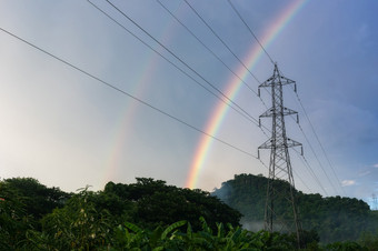 雨后雨的天空在高压权力波兰人农村区域彩虹后雨