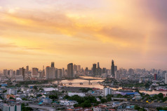 美丽的空中视图曼谷城市景观罗 摩桥的桥在的潮phraya河建平行与的曼谷桥曼谷城市
