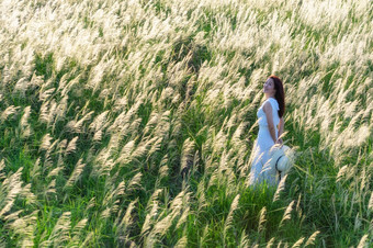 美丽的肖像与自然光亚洲女人自然白色草地花她的衣服和白色他站白色长满草的场巴蜀府基里汗泰国美丽的女人自然白色草地花